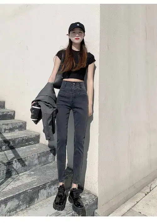 黑色高腰收腹牛仔裤女2021春款韩版显瘦显高紧身弹力小脚铅笔裤