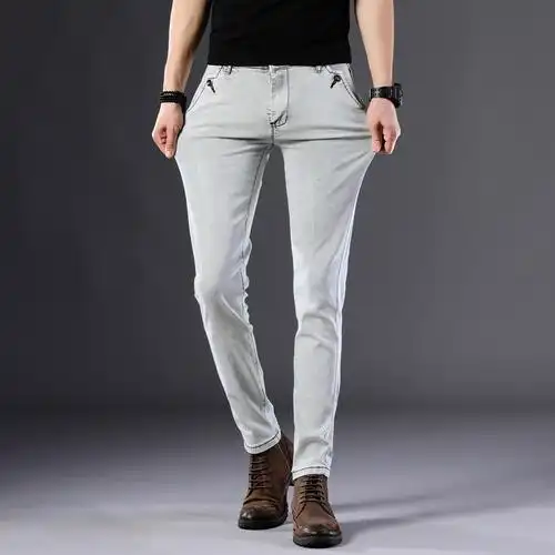 yuansu秋季潮牌灰色牛仔裤男百搭潮流修身弹力小脚韩版浅灰色休闲长裤