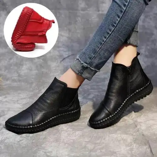 伦英风黑色单鞋l皮真皮女鞋短靴子底防滑孕妇子软软平底皮鞋新款