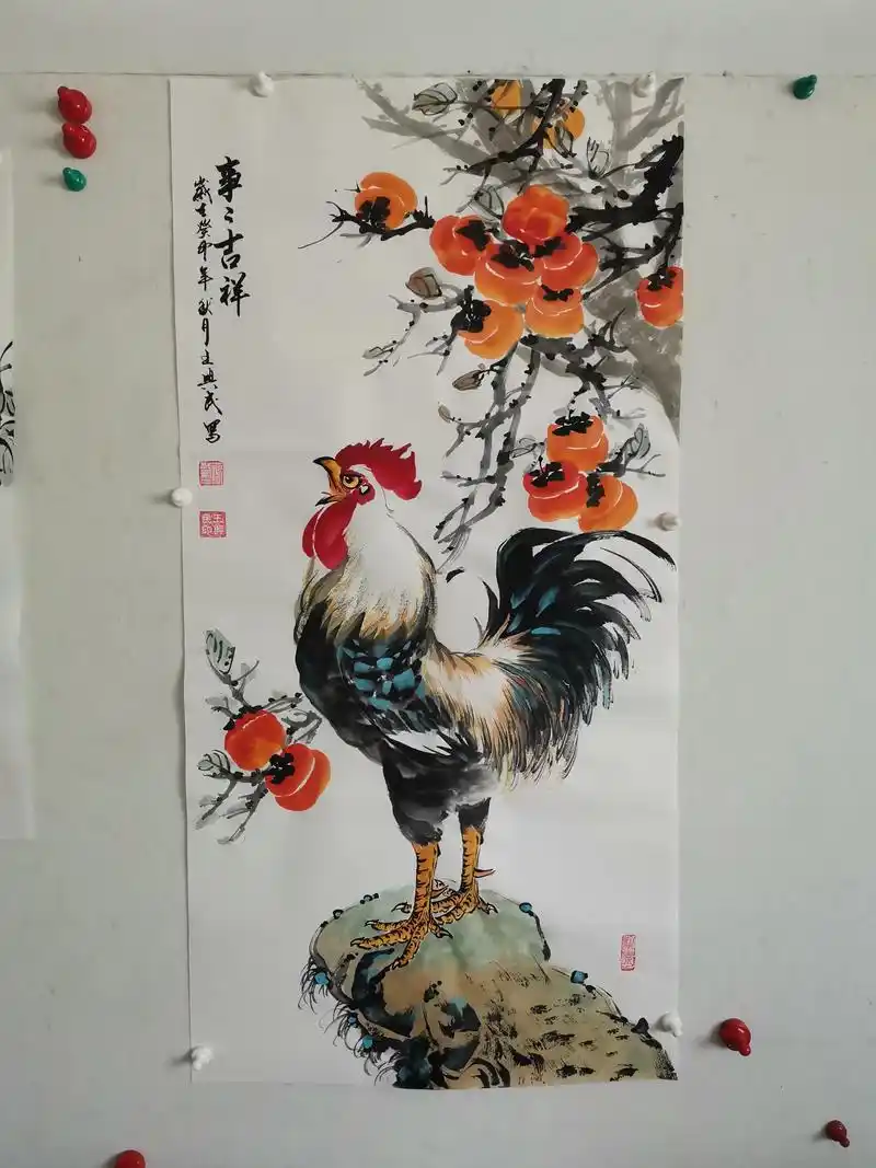 王兴民国画公鸡:事事吉祥,作品纯手绘,尺寸50×100厘米. - 抖音