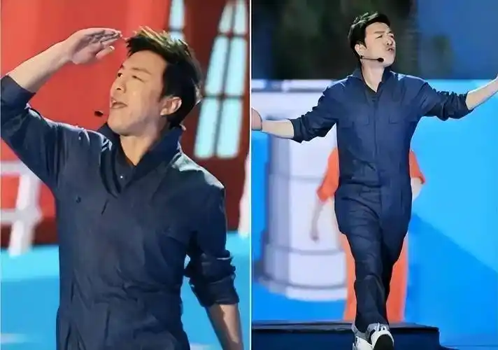 这种纠结的心态体现在2014年的春晚上,黄渤穿着一身蓝色工装唱了一首