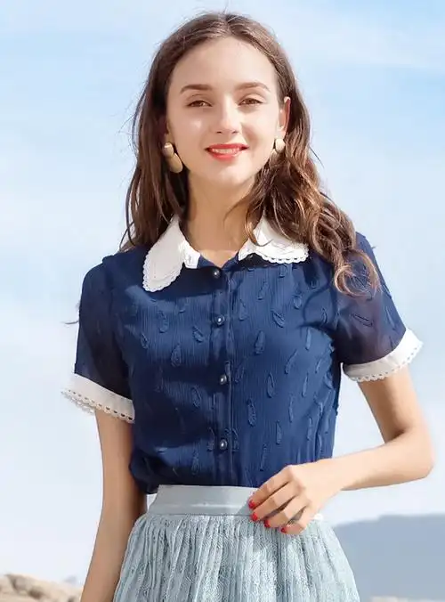 星弥2018夏季新款女装时尚翻领拼色短袖小衫淑女百搭雪纺衫