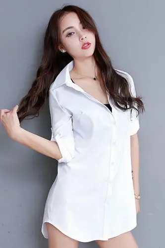 白衬衫女中长款韩版bf风宽松性感长袖上衣百搭雪纺打底衬衫裙