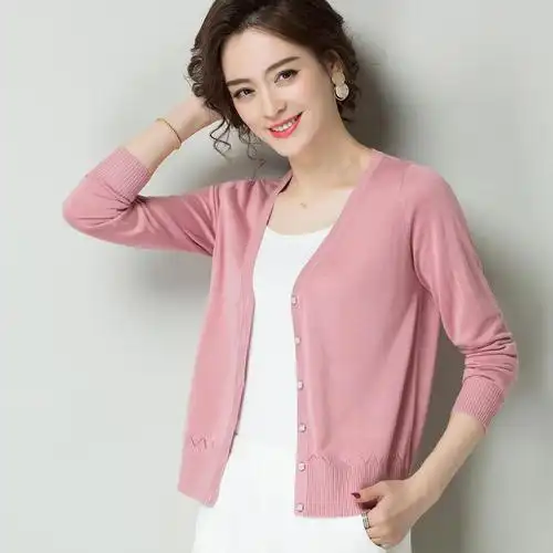 恒源祥春秋针织衫女开衫v领桑蚕丝短款薄毛衣外套小披肩空调衫潮