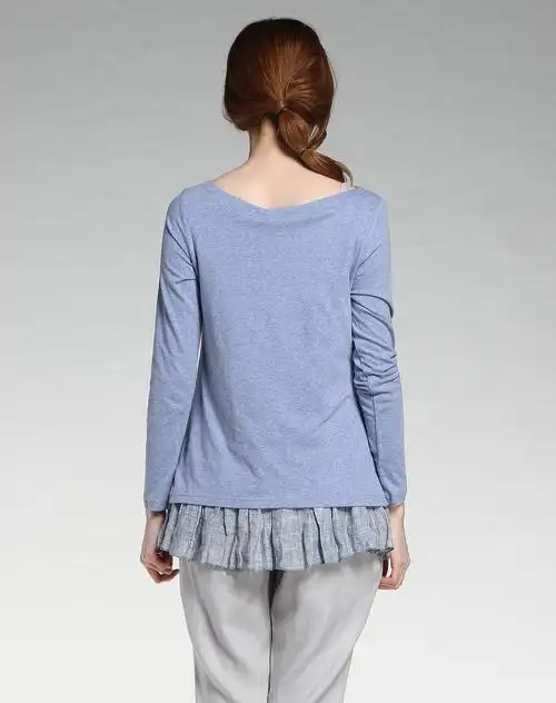 茵曼inman女装专场浅灰蓝色拼接淑女长袖针织衫