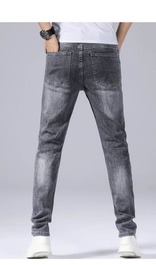 烟灰色牛仔裤男春夏款青年男士弹力修身小直筒百搭男裤子蓝色yc6801b
