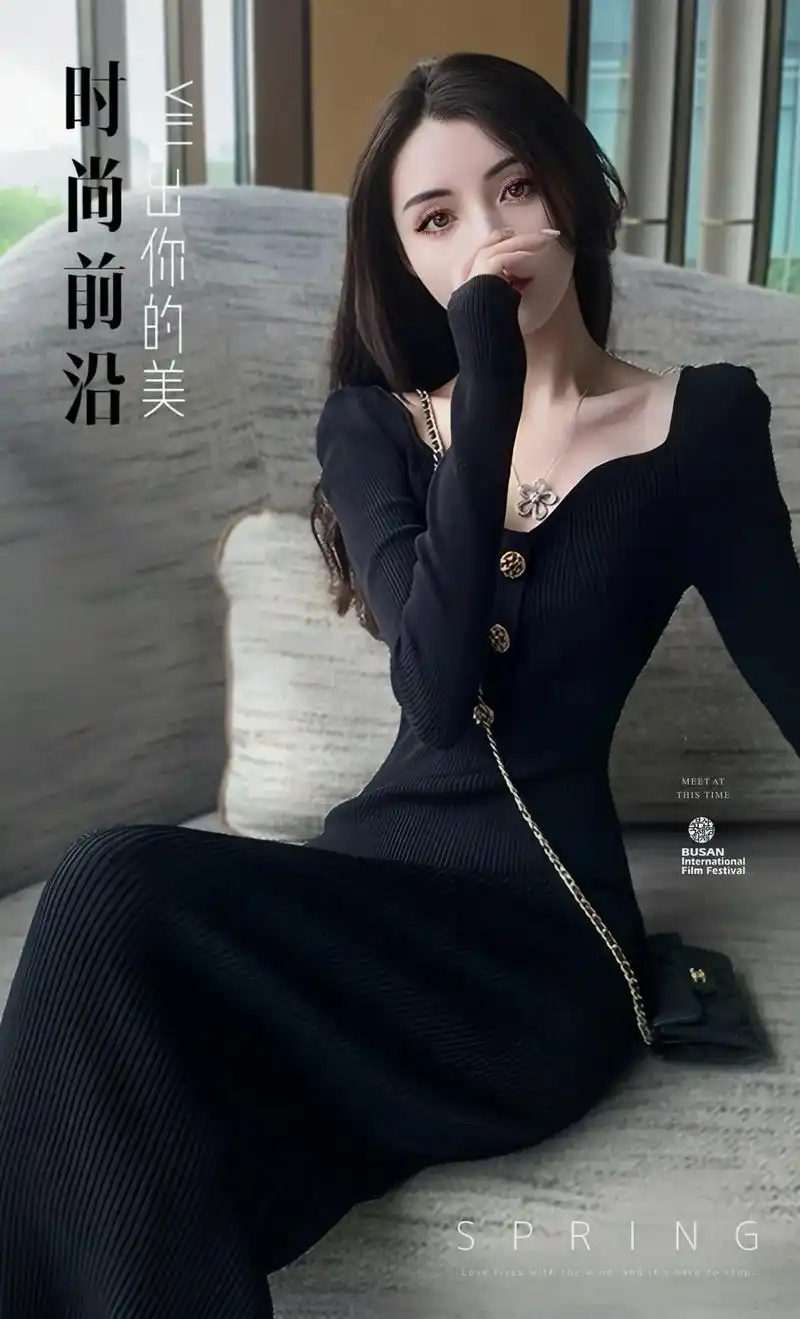 法式复古黑色针织连衣裙气质高腰方领毛衣裙打底长裙子,秋冬女款