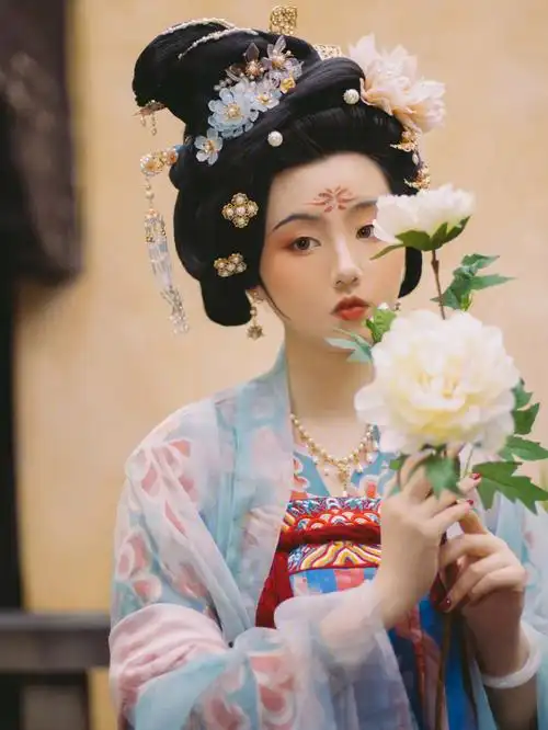 汉服写真人间富贵花古风妆容唐制汉服妆造