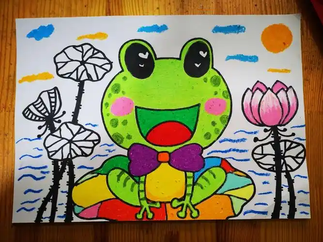 其它 莲叶上的大眼萌青蛙 写美篇涂色 用油画棒涂色的时候,要慢一点