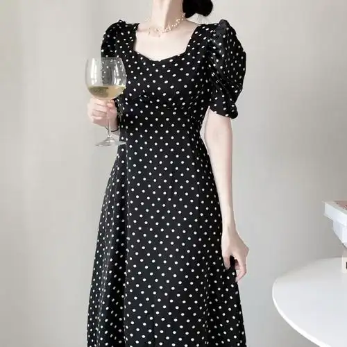 现货 赫本优雅高腰圆点豆波点连衣裙
