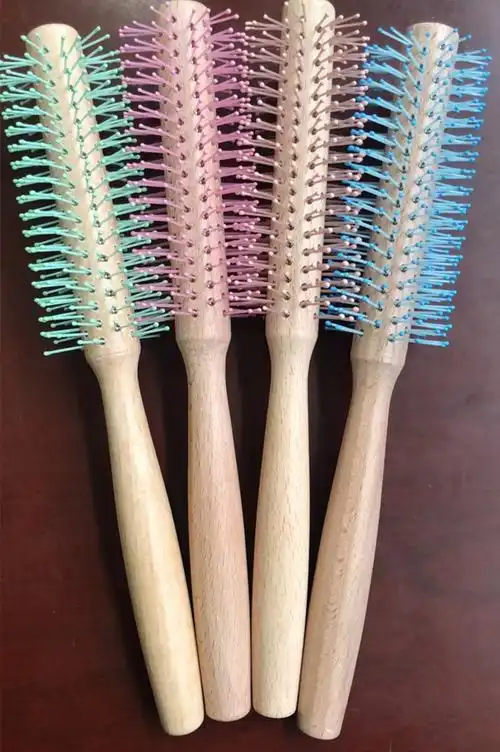 新款木头手柄卷发圆梳子 彩色梳齿卷梳子