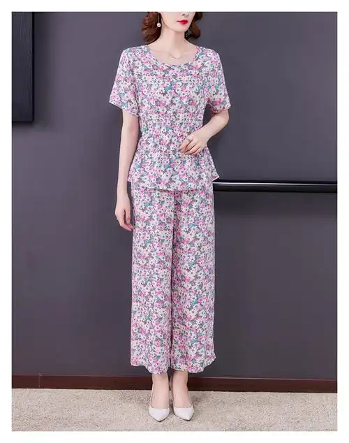 棉绸套装女时尚外夏季两件件套短袖妈妈收腰大码女装