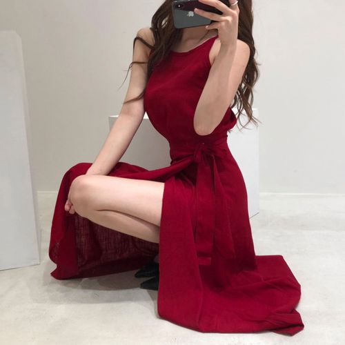 洋气开叉套装裙两件套不规则连衣裙2020新款女夏显瘦棉麻红色裙子