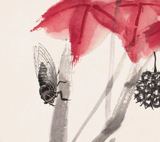 橙舍齐白石植物花卉水墨画红叶秋蝉装裱60x80cm宣纸雅致原木