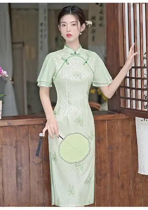 新中式旗袍年轻款气质高端绿色双襟改良年轻款小个子中国风连衣