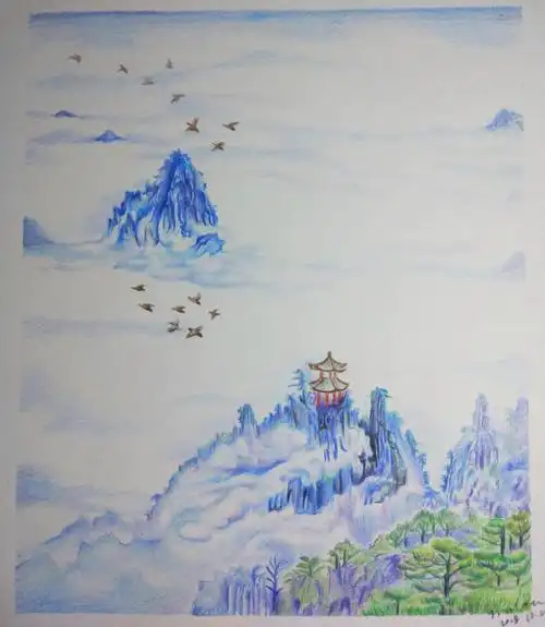 彩铅风景独坐敬亭山过程分享16