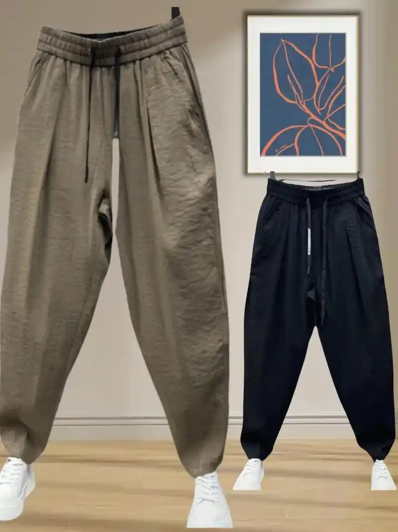 夏季薄款棉麻休闲裤,男士冰丝垂感哈伦裤,宽松九分萝卜裤#男士 - 抖音