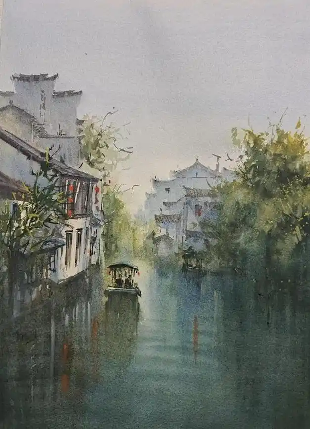 拂小舟朦胧江南诗雨静听江南谣江畔渔者共诉江南情当江南水乡遇到水彩