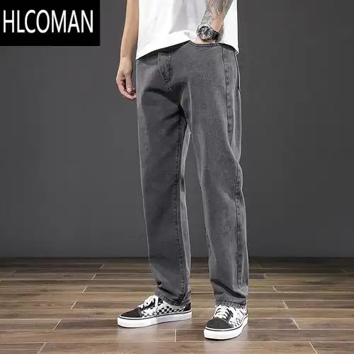 hlcoman男生裤子休闲复古韩版潮流灰色秋季青年宽松直筒裤高街牛仔裤