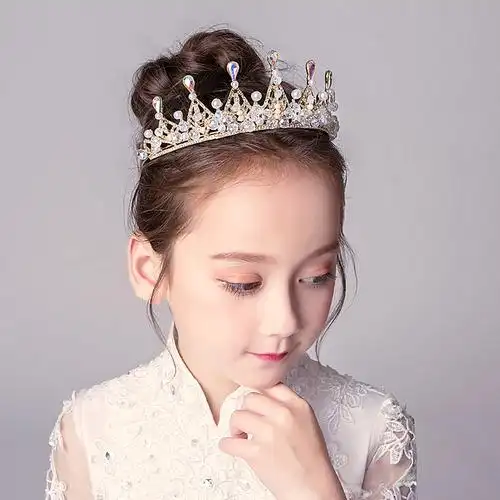 图片色儿童皇冠头饰公主女童生日发饰王冠水晶小孩花童演出珍珠配饰