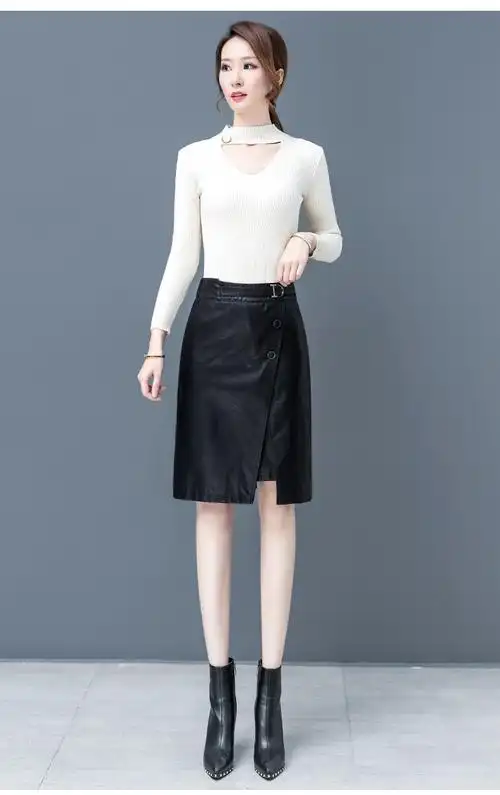 秋冬季女中裙包臀皮裙pu女高腰显瘦中长款一步裙不规则开叉半身裙下