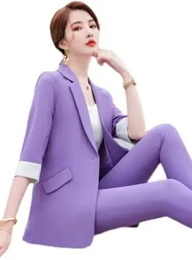 紫色西装套装女2021春夏新款韩版时尚减龄洋气小个子职业装两件套