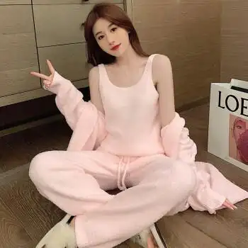 绵绵吊带三件套睡衣女秋冬季保暖加绒加厚珊瑚绒睡袍家居潮梦城 粉色