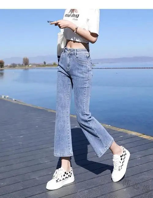 裤九分裤女学生休闲韩版宽松喇叭裤百搭显瘦夏天女生裤子蓝色九分s