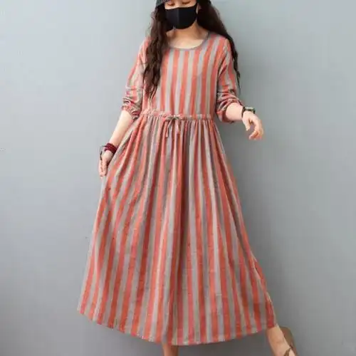 0成交10条大码女装春夏长袖棉麻连衣裙女宽松大码舒适纯色大摆亚麻长