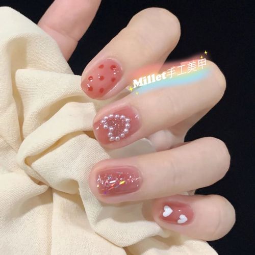 包邮手工美甲,草莓酪酪,可爱甜美迪士尼风美甲学生可卸美甲