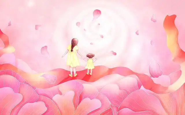 唯美卡通母亲节人物母女花瓣插画海报背景蓝色卡通意境感恩母亲节母亲