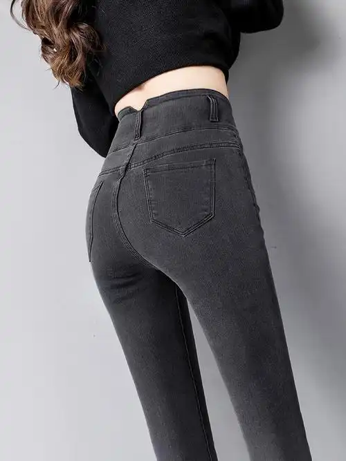 烟灰灰色高腰牛仔裤2021春秋新款显瘦百搭紧身cosplay女装