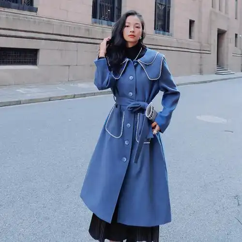 复古钉珠后开叉中长款毛呢外套大衣韩版女装2022秋冬新款宽松显瘦