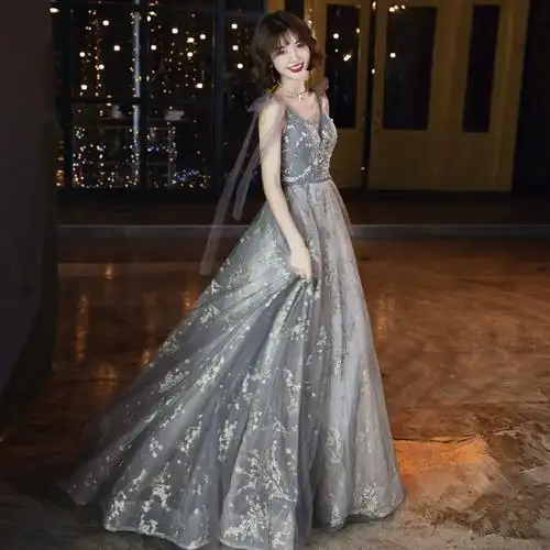 宴会晚礼服2023春季新款长款年会性感晚宴吊带主持人气质礼服裙女