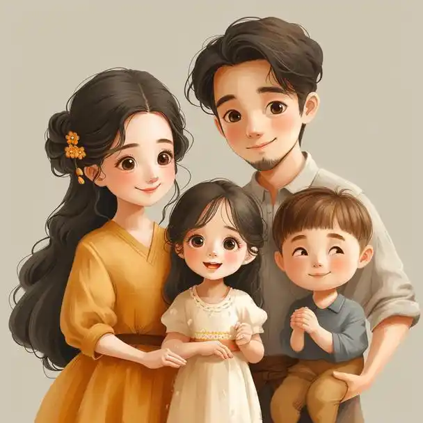 亲子头像|2024一家四口姐弟|亲子照卡通插画