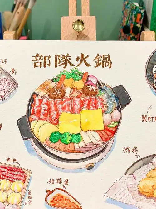 水彩美食部队火锅上色过程图附线稿