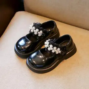 bduck女童皮鞋春秋新款时尚水晶娃娃单鞋小女孩黑色玛丽珍公主鞋黑色