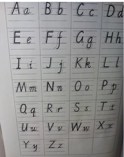 请看下面英文大写和小写字母四线三格的写法