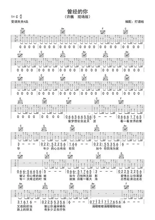 许巍曾经的你吉他谱c调吉他弹唱谱现场版