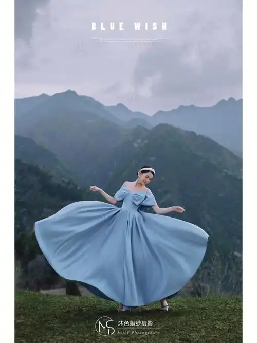 西安婚纱照浅蓝色礼服一样很美