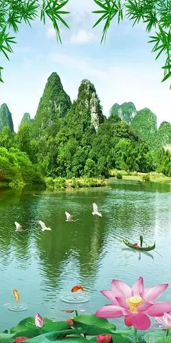 桂林山水白鹭小船荷花玄关背景墙书房无纺布墙纸b101壁纸壁画
