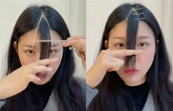 首先先分出刘海中最重要的中间三角区,因为这次发型师示范的刘海是偏