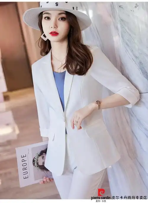 服职业正装西服套装夏天针织雾霾蓝色西装雾霾蓝色裤子白色吊带背心s