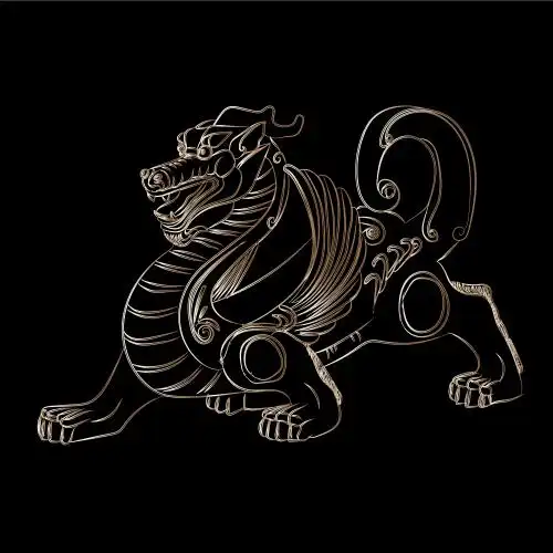 传统古典手绘飞天貔貅神兽矢量白描中国画