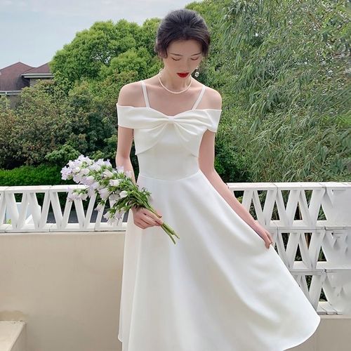 白色小礼服宴会气质平时可穿一字肩显瘦2021新款吊带名媛连衣裙夏