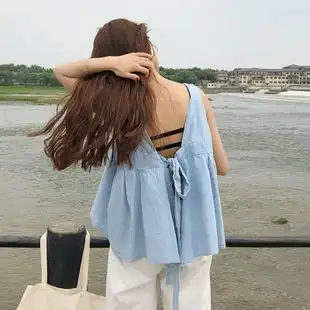 2018夏季小清新款韩版无袖宽松后背绑带牛仔吊带女生背心简约上衣