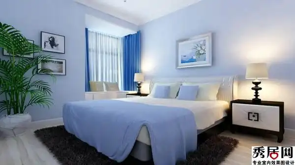 孩子卧室淡蓝色墙面搭配深蓝窗帘好看吗 简约式儿童房墙角带飘窗窗帘