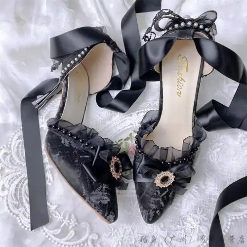 洛丽塔鞋子汉姿娇语手作lo鞋白月光百搭法式尖头优雅高跟鞋洛丽塔婚鞋