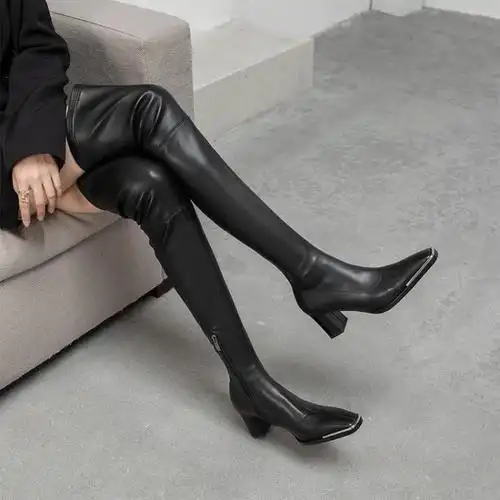 漆皮过膝长靴巨显瘦秋冬弹力高跟加绒超长大腿靴 黑色漆皮【加宽版单