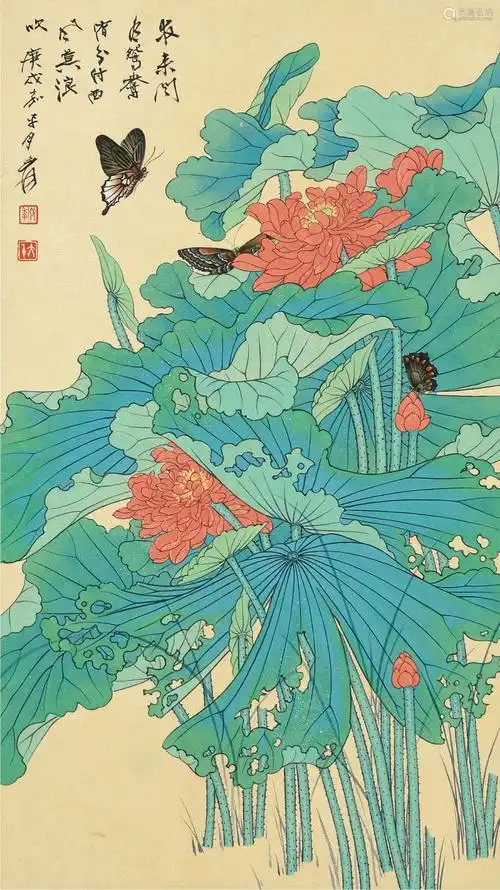 张大千款荷花立轴